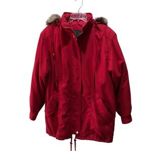 Preston York Womens Small Red Fox Fur Trim Hooded Full Zip Parka Coat Jacket S